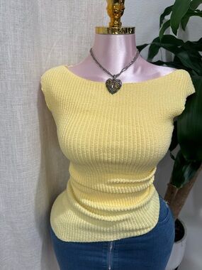 Active USA Pale Yellow Ribbed Boatneck Top
